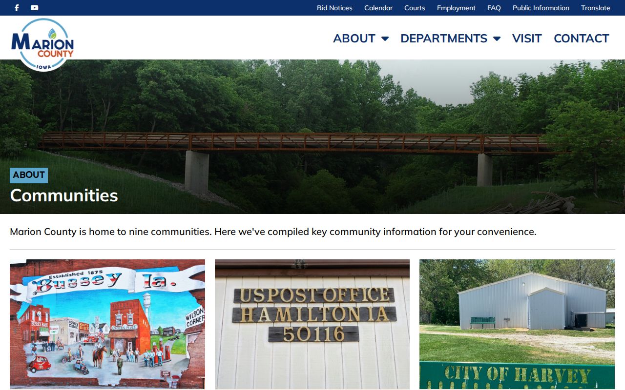 Official Marion County communities directory with Bussey city-office routing