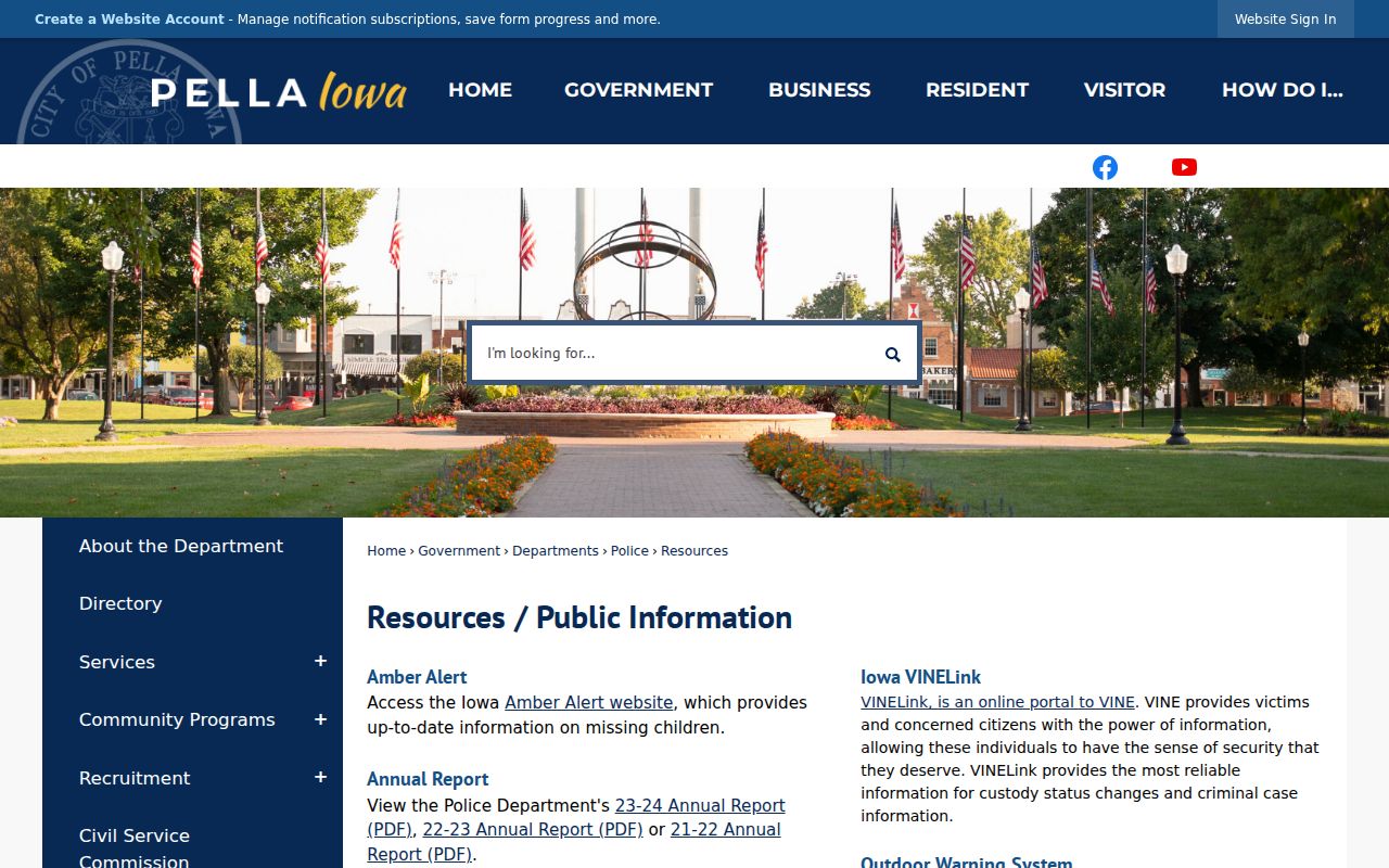 Official Pella Police resources page showing public report and portal links
