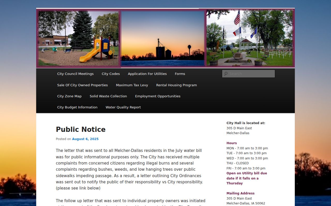 Official Melcher-Dallas city website with City Hall information