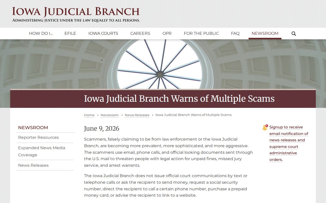 Marion County warrant search scam warning from Iowa courts